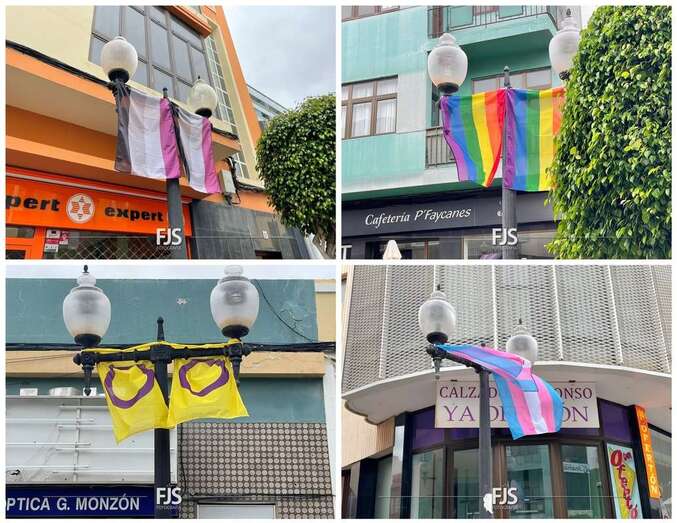 Imagen de las banderas del movimiento LGTBIQ+ que cuelgan de las luminarias de Los Llanos/Francisco Javier Santana.